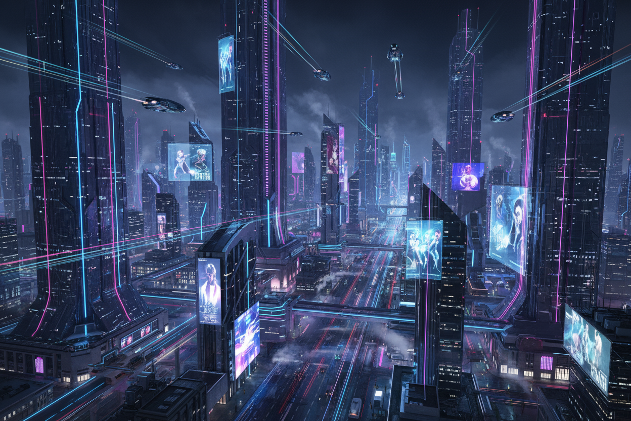 A futuristic city at night